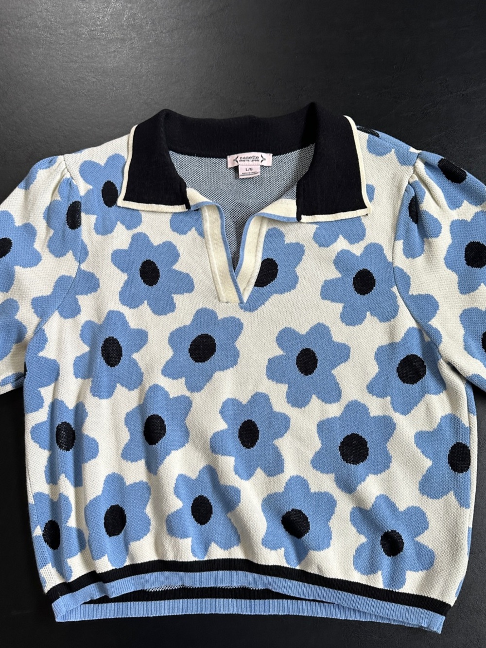 Nanette Lepore Blue Floral Polo Top with Black Trim
